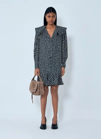 Chloé Dots-print Silk Jacquard Capelet Long-sleeve Mini Dress In Black
