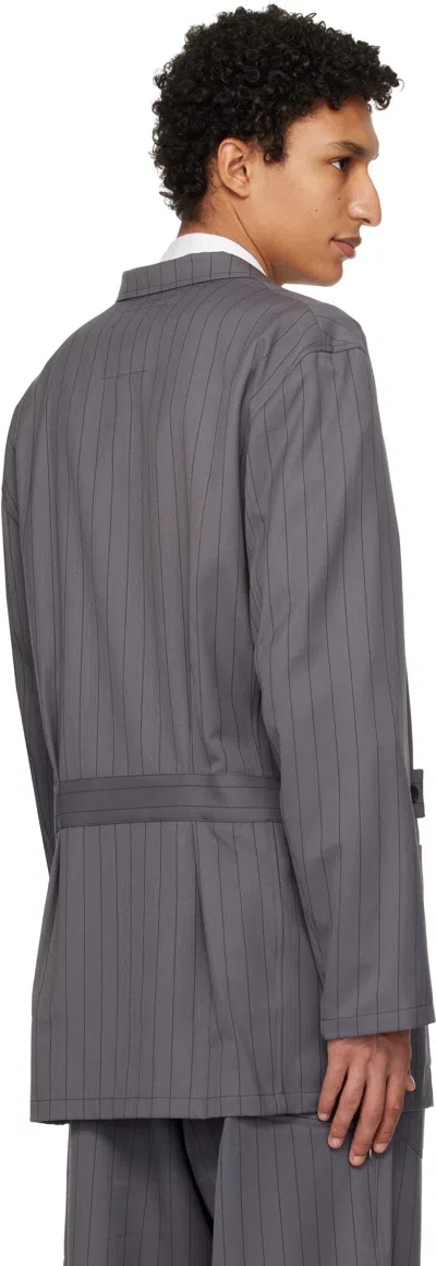 Y-3 Pinstripe-pattern Single-breasted Coat In Gray