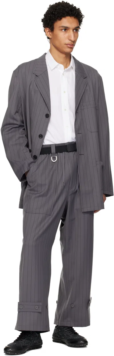 Y-3 Pinstripe-pattern Single-breasted Coat In Gray