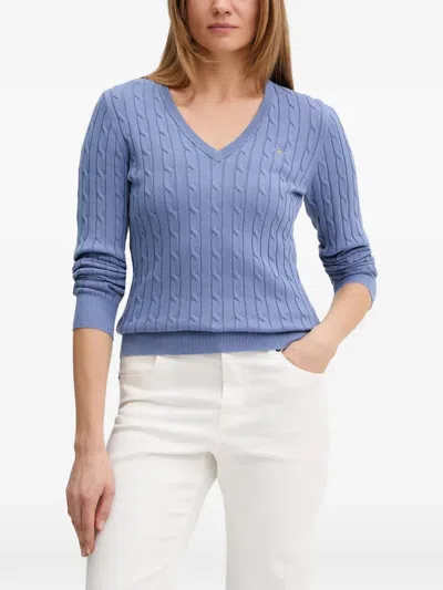 Gant Cable Knit V-neck Sweater In Blue