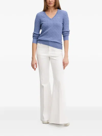 Gant Cable Knit V-neck Sweater In Blue