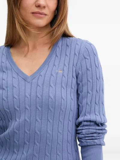 Gant Cable Knit V-neck Sweater In Blue