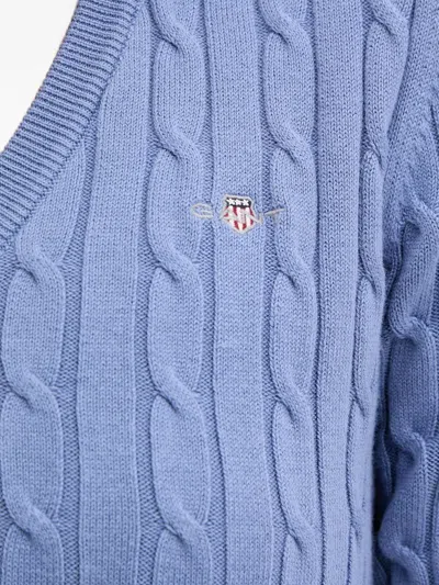 Gant Cable Knit V-neck Sweater In Blue