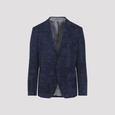Etro Men Single-breasted Jacquard Cotton Jacket With Floral Pattern In Blue