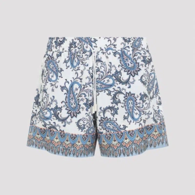 Etro Men Powder Blue Paisley Ramage-printed Swim Shorts In White