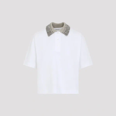 Brunello Cucinelli Women Cotton Jersey Polo Shirt With Dazzling Knit Collar In White