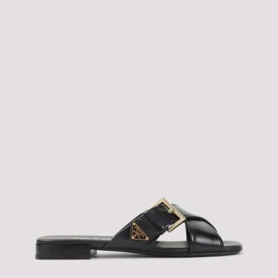 Prada Leather Crisscross Slides With Buckle Shoes In Black