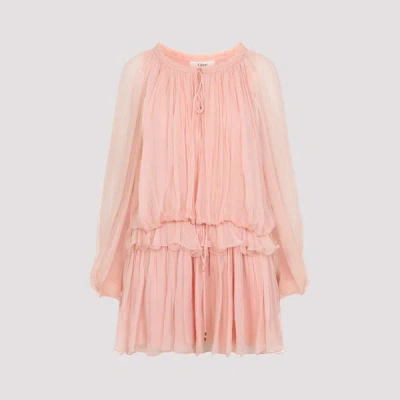 Chloé Women Pink Mini Dress With Drawstring On The Front And Cape Design In Silk Woman In Neutral