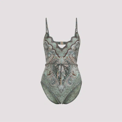 Zimmermann Wanderlust Belted Embellished Scalloped Printed Swimsuit In Green