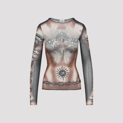 Jean Paul Gaultier Tattoo-inspired Sheer Long-sleeved Top With Bold Motifs In Brown