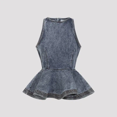 Alaïa Alaia Peplum Halterneck Top With Ruched Hem And Fitted Waist In Blue