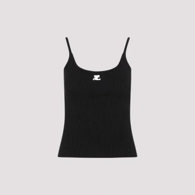 Courrèges Ribbed Spaghetti Strap Top With Elegant Logo Detail And Luxurious Fabric Blend In Black