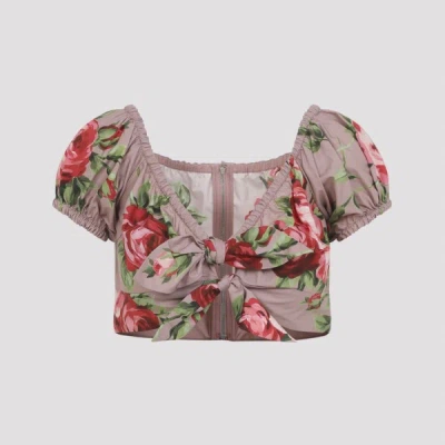 Dolce & Gabbana Women Pink Crop Top With Floral Print And Double Knot In Cotton Woman In Multi