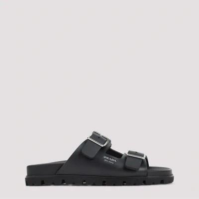 Prada Flat Sole Open Toe Leather Sandals In Black