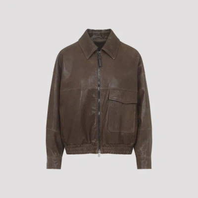 Brunello Cucinelli Leather Bomber Jacket Point Collar Hem In Brown