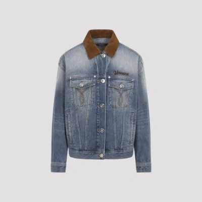 Versace Cotton Denim Jacket Long Sleeves Contrast Collar In Blue