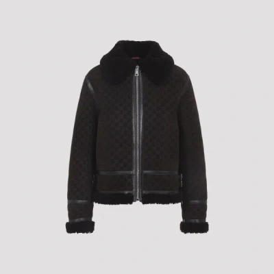 Gucci Women Brown Shearling Jacket With Shearling Trims And All-over Gg Motif In Suede Woman In Multi