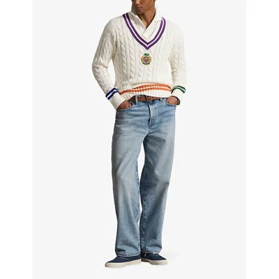 Polo Ralph Lauren Mens Cream Combo Crest-embroidered Cable-knit Cotton And Linen Jumper Xl In White