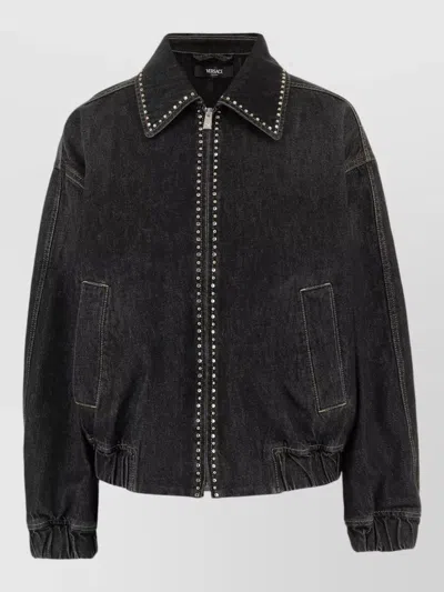 Versace Denim Jacket Elasticated Cuffs Hem Pockets Studs In Black