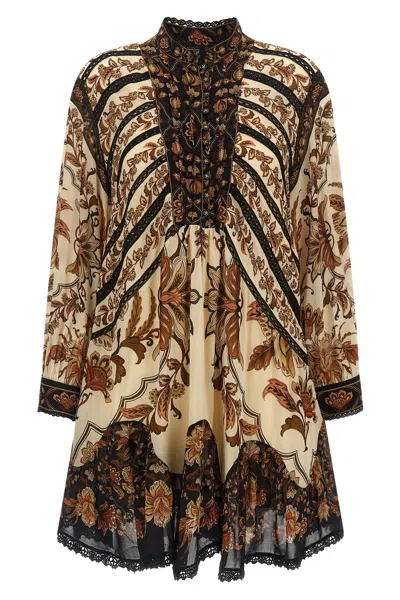 Farm Rio Majestic Garden Long Sleeve Lace Insets Trapeze Dress In Multi