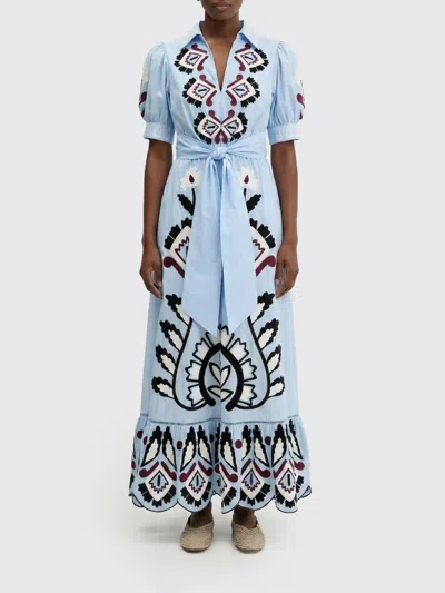 Farm Rio Blue Artisanal Embroidered Lace Front Bow Maxi Dress In Gray