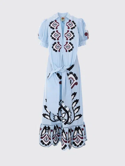 Farm Rio Blue Artisanal Embroidered Lace Front Bow Maxi Dress In Gray