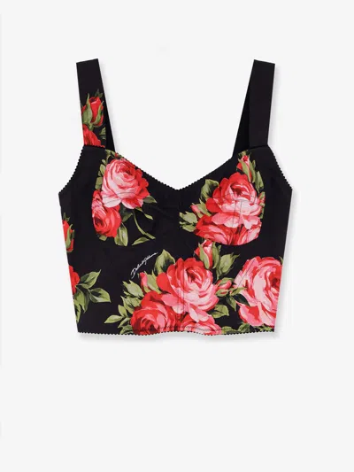 Dolce & Gabbana Top Nero In Seta Con Stampa Floreale Dolce E Gabbana In Black