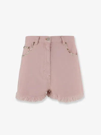 Valentino Knee Length Shorts Frayed Hem Floral Pockets Belt Loops In Pink