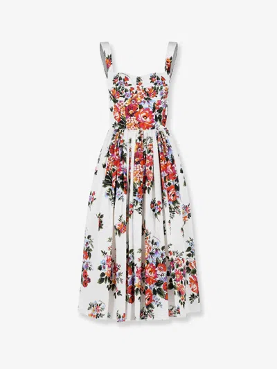 Dolce & Gabbana White Cotton Midi Dress With Floral Print Dolce E Gabbana In Multi