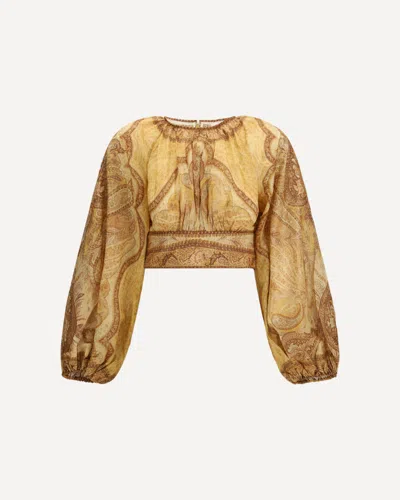 Zimmermann Wanderlust Multicolor Cropped Top With Puffed Long Sleeves And All-over Paisley Motif In Cotton Blen In Gold