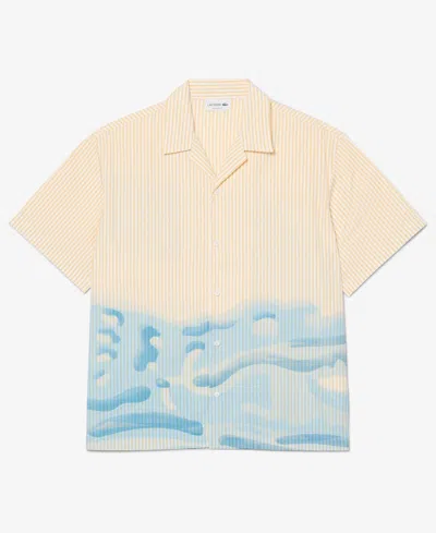 Lacoste Short-sleeve Camp Collar Shirt With Abstract Waves In Neutral
