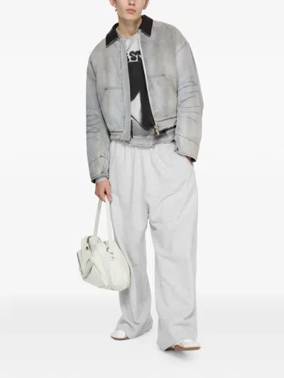 Acne Studios Zip Leather-collar Denim Jacket In Gray