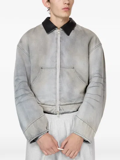 Acne Studios Zip Leather-collar Denim Jacket In Gray