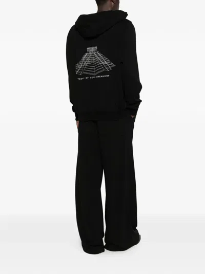 Rick Owens Hooded Sweatshirt Print Oversized Ribbed Cuffs In Black