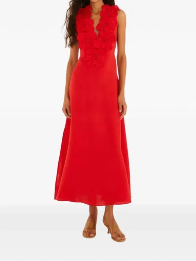 Farm Rio Linen Dress With Floral Appliques And Halterneck In Red
