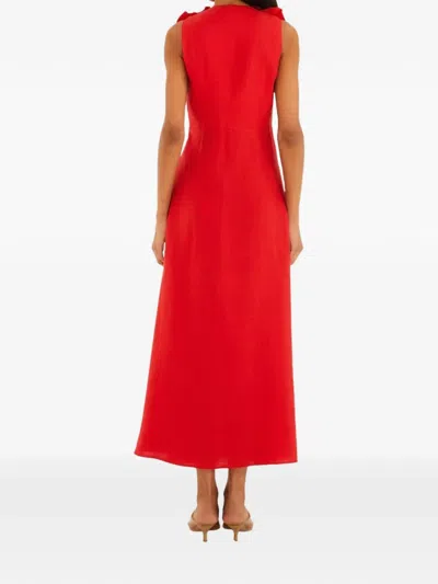 Farm Rio Linen Dress With Floral Appliques And Halterneck In Red