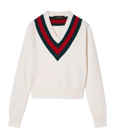 Gucci Pullover Aus Feinem Wollstrick Mit Web In White