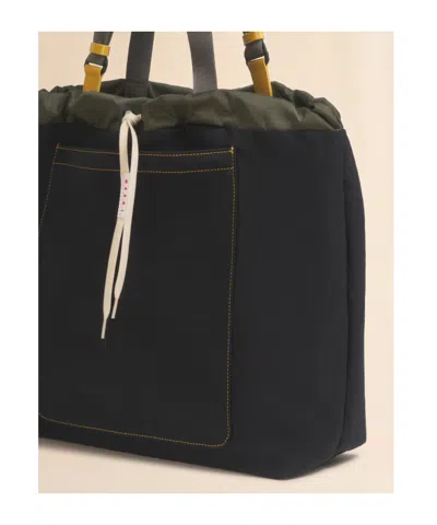 Marni Black Technical Fabric Tote Bag In Green
