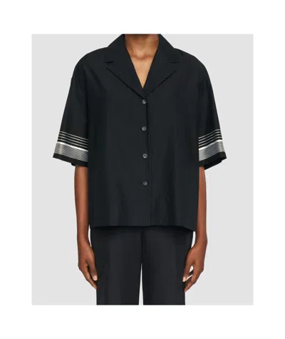 Joseph Womens Black Leopold Embroidered-stripe Short-sleeve Cotton And Silk-blend Blouse