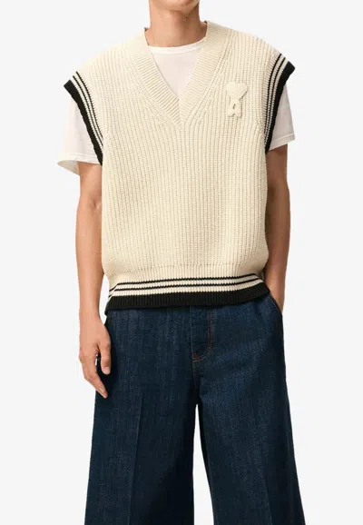 Ami Alexandre Mattiussi Ami Paris Ribbed Wool Sleeveless Ami De Coeur Sweater In Neutral