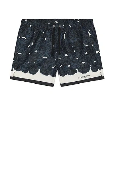 Givenchy Mens Dark Navy Roses Drawstring Silk Shorts In Multi