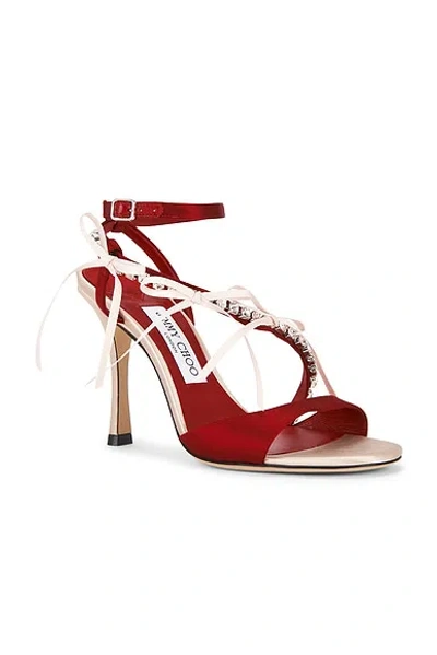 Jimmy Choo Lula Red Heeled Sandals With Crystal Straps And Shaped Bows In Satin Woman In Pink