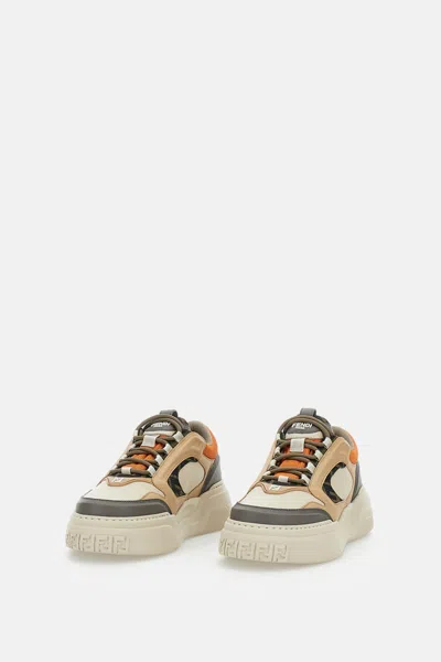 Fendi Force Leather Sneakers With Ff Jacquard And Mesh Details In Multi