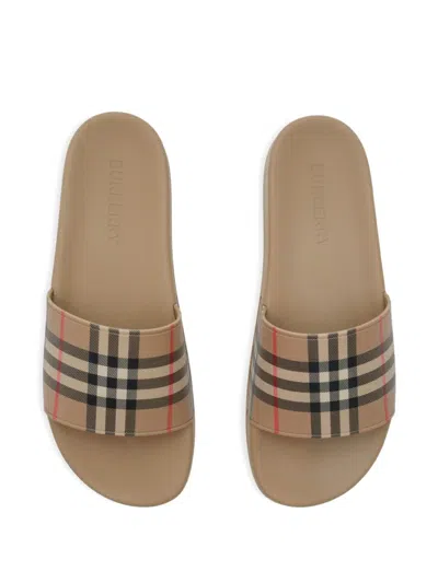 Burberry Checked Slip-on Slides In Brown