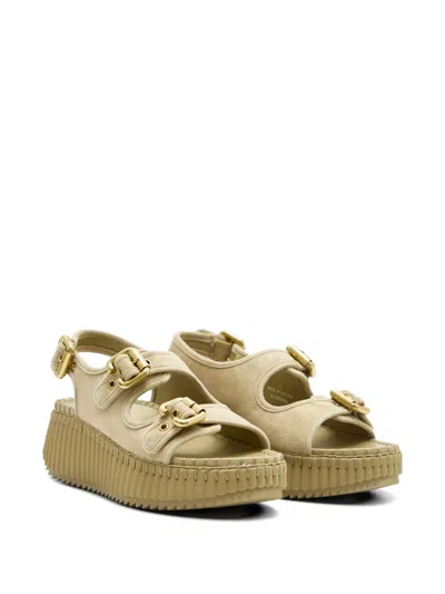 Chloé Chloe Nama Whipstitched Suede Wedge Sandals In Neutral