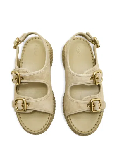 Chloé Chloe Nama Whipstitched Suede Wedge Sandals In Neutral