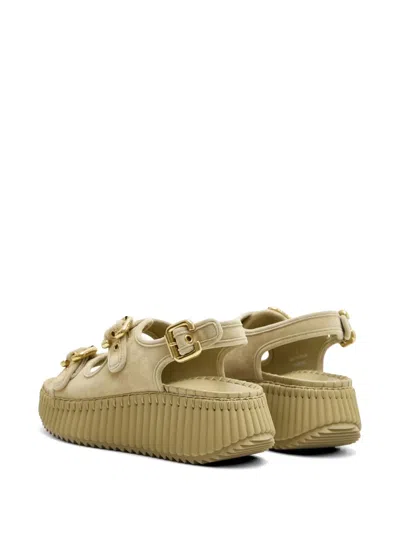 Chloé Chloe Nama Whipstitched Suede Wedge Sandals In Neutral