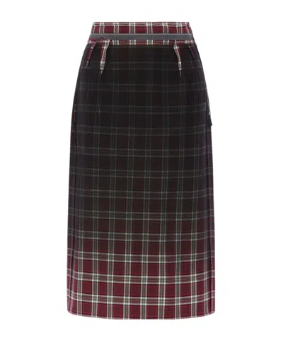 Maison Margiela Womens Burgundy White Tartan-check Wool-blend Midi Skirt In Black