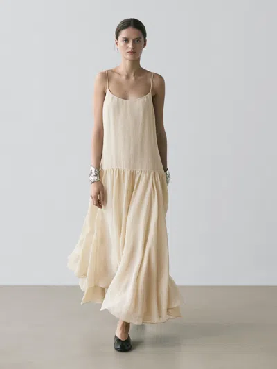 Massimo Dutti Flowing Midi Dress With Pleated Detail In Neutral