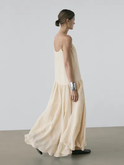 Massimo Dutti Flowing Midi Dress With Pleated Detail In Neutral